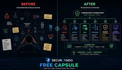 A promotional infographic split into before and after sections for cybersecurity foundations. The left side, labeled BEFORE, shows an overwhelmed person with many icons and notes on a dark background.