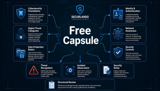 A digital infographic titled 'Free Capsule' by Securlando, featuring a dark navy background with blue glowing lines and multiple rounded rectangular panels outlining cybersecurity topics such as cybersecurity foundations, digital threat categories, data protection basics, incident recognition, security notes, and network awareness.