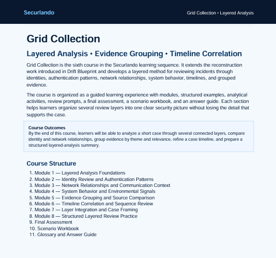 A document page titled 'Grid Collection' from the Securando course, detailing 'Layered Analysis', 'Evidence Grouping', and 'Timeline Correlation'. The page includes course descriptions, course outcomes, and a structured course outline, presented on a white background with black text and a blue header.