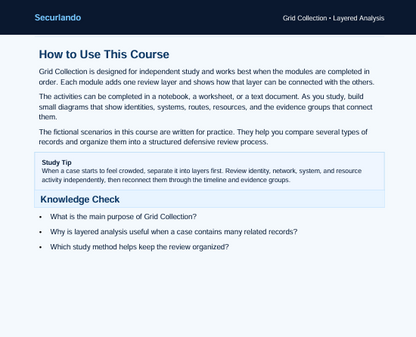 A digital screenshot of a course page titled 'How to Use This Course' from Securlando, featuring instructional text about Grid Collection and a light blue highlighted study tip box.