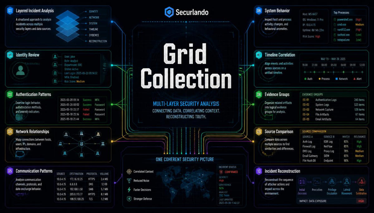 A digital infographic template titled 'Grid Collection' by Securlando, featuring a dark cyber-security theme with glowing blue and green lines, various data tables, and charts arranged in a grid layout.