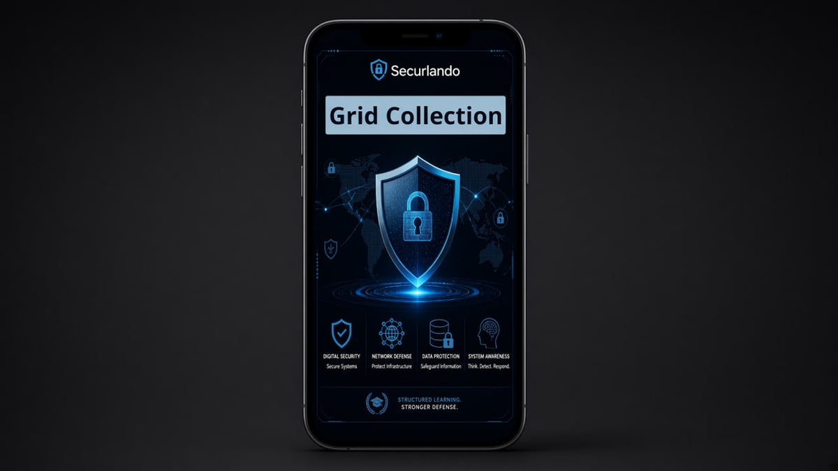 A black smartphone centered on a dark background, displaying the Securtando Grid Collection app interface with glowing blue security shield graphics and text.