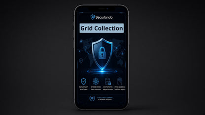 A black smartphone centered on a dark background, displaying the Securtando Grid Collection app interface with glowing blue security shield graphics and text.