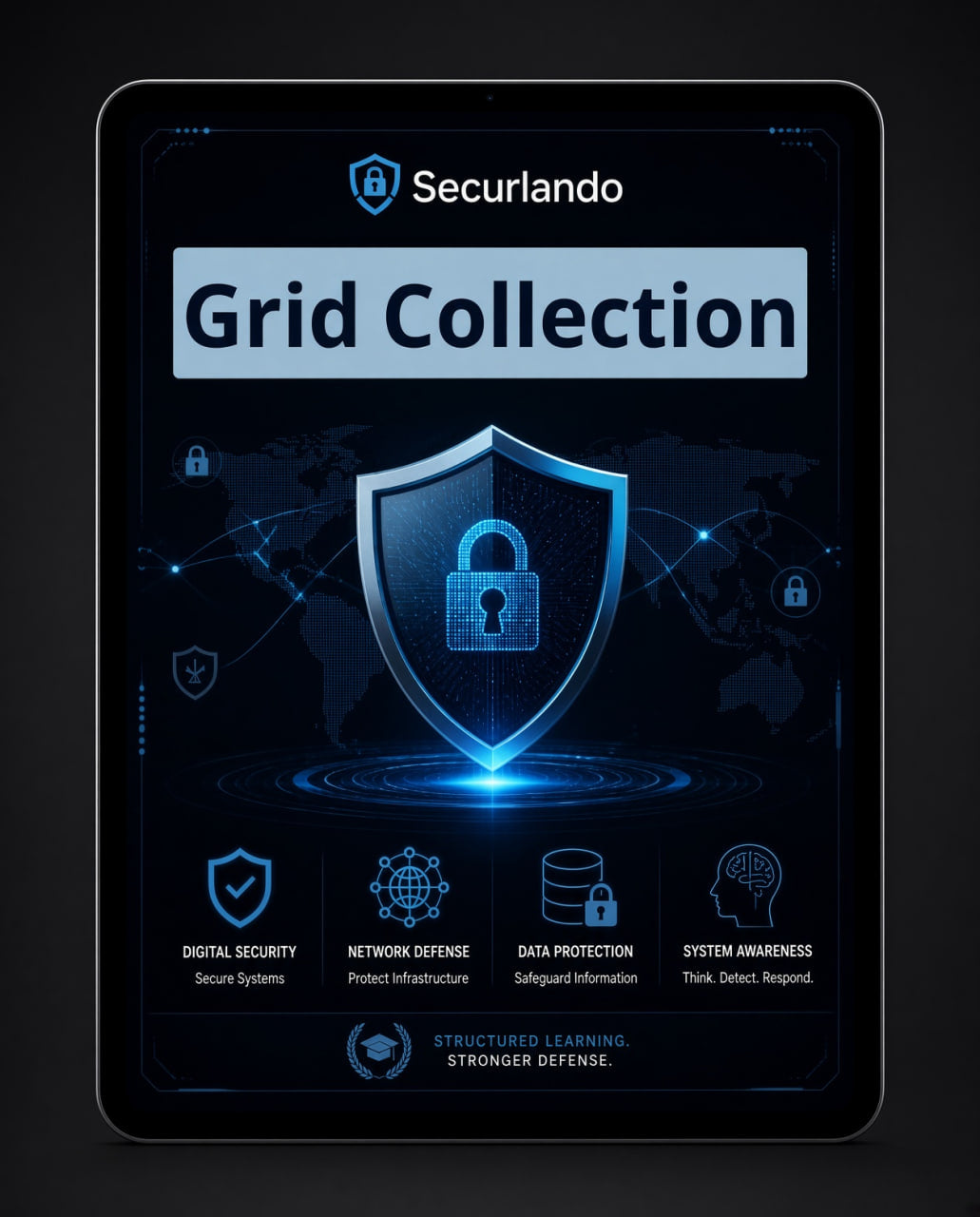 A tablet device displaying a futuristic digital security graphic titled 'Seculando Grid Collection' with a large glowing shield icon and blue network-style illustrations on a dark background.