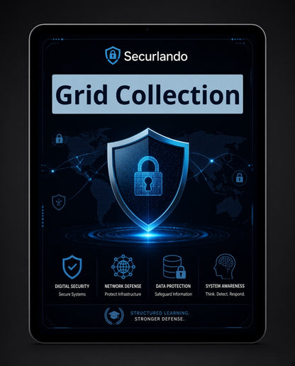 A tablet device displaying a futuristic digital security graphic titled 'Seculando Grid Collection' with a large glowing shield icon and blue network-style illustrations on a dark background.