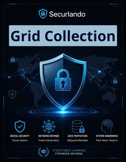 A digital promotional graphic for Securlando Grid Collection, featuring a glowing blue digital shield with a padlock icon in the center, set against a dark navy world map background. The top displays the 'Securlando' brand name, and the bottom features four key security pillars: Digital Security, Network Defense, Data Protection, and System Awareness, each illustrated with a small icon.