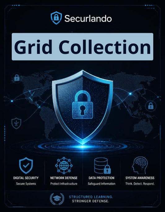 A digital promotional graphic for Securlando Grid Collection, featuring a glowing blue digital shield with a padlock icon in the center, set against a dark navy world map background. The top displays the 'Securlando' brand name, and the bottom features four key security pillars: Digital Security, Network Defense, Data Protection, and System Awareness, each illustrated with a small icon.