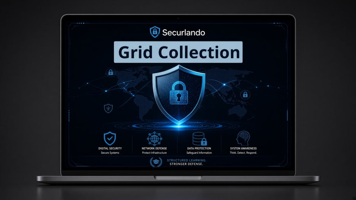 A laptop on a dark surface displaying a digital interface titled 'Securlando Grid Collection' with a large shield icon and blue cybersecurity-themed graphics.