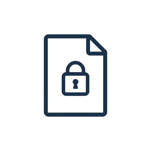 A dark navy blue line icon depicting a document with a lock, centered on a solid white background.