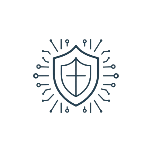 A dark blue line icon of a shield with a cross in the center and radiating circuit-like lines, shown on a plain white background.