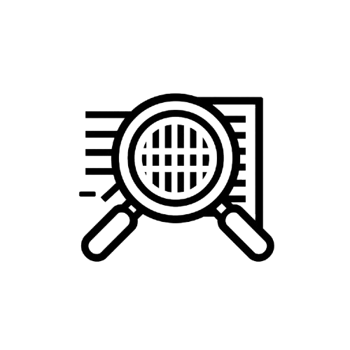 A black line icon depicting a magnifying glass over a document or grid, representing search, inspection, or analysis, isolated on a white background.