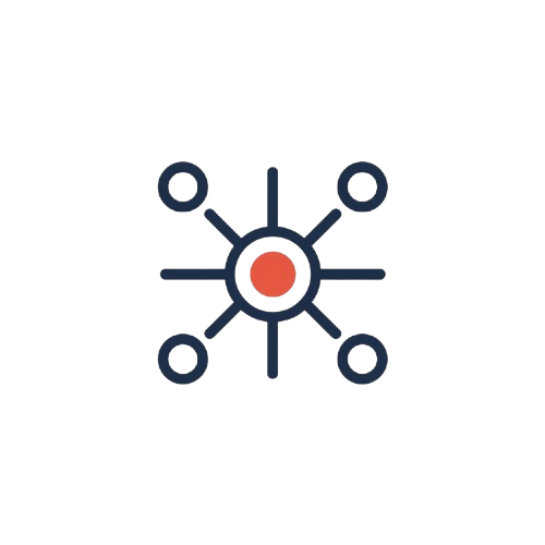 A minimalist network or connectivity icon featuring a central white circle with a red dot, surrounded by a navy blue radial line pattern on a solid white background.