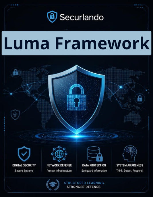 A digital cover graphic for the 'Securlando Luma Framework' featuring a glowing blue digital shield with a padlock icon in the center, set against a dark blue world map background with icons representing digital security, network defense, data protection, and system awareness.