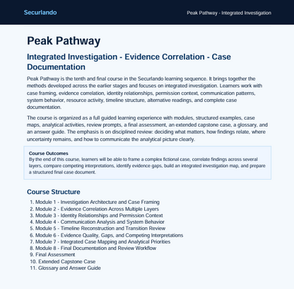 A document page titled 'Peak Pathway Integrated Investigation - Evidence Correlation - Case Documentation' with introductory text, course outcomes, and a course structure outline on a white background.
