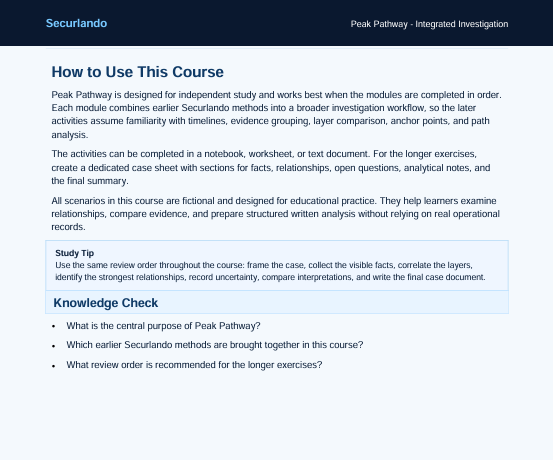 A digital screenshot of a document page titled 'How to Use This Course' under the Securando logo, showing instructional text about using the course and a 'Knowledge Check' section with bullet points.
