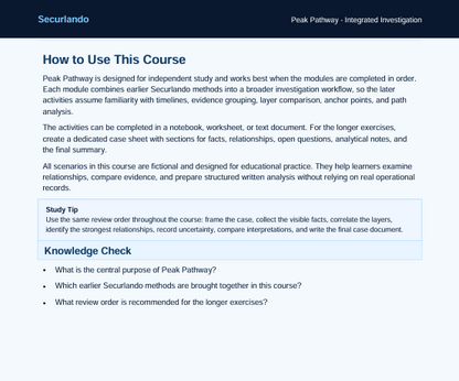 A digital screenshot of a document page titled 'How to Use This Course' under the Securando logo, showing instructional text about using the course and a 'Knowledge Check' section with bullet points.