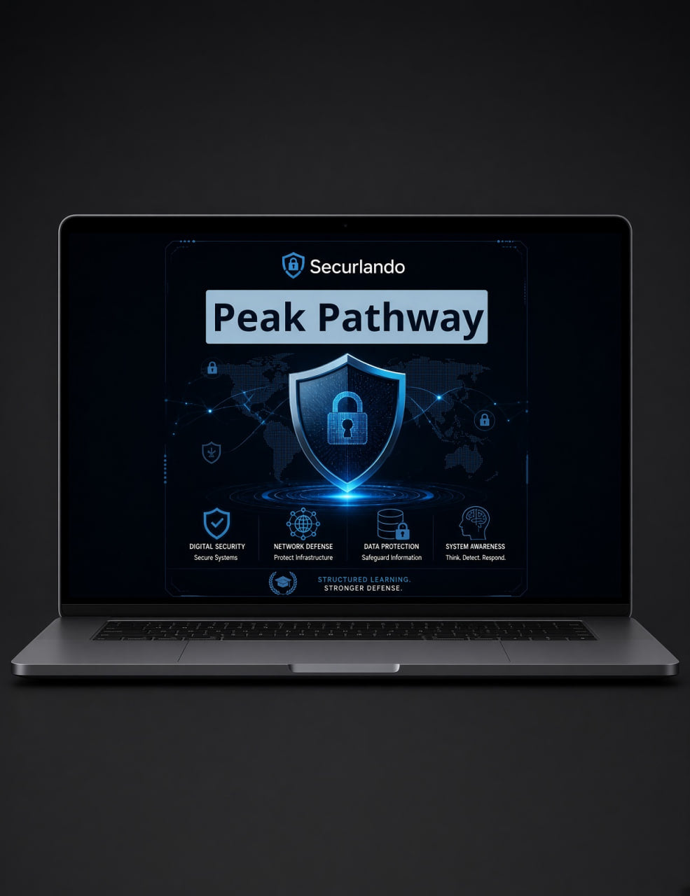 A silver laptop on a dark background displaying a digital security graphic on its screen. The screen shows the brand name 'Securlando' and the text 'Peak Pathway' with blue glowing shield and lock graphics.