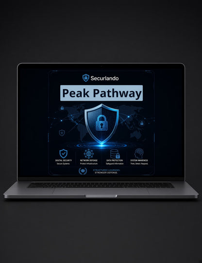 A silver laptop on a dark background displaying a digital security graphic on its screen. The screen shows the brand name 'Securlando' and the text 'Peak Pathway' with blue glowing shield and lock graphics.