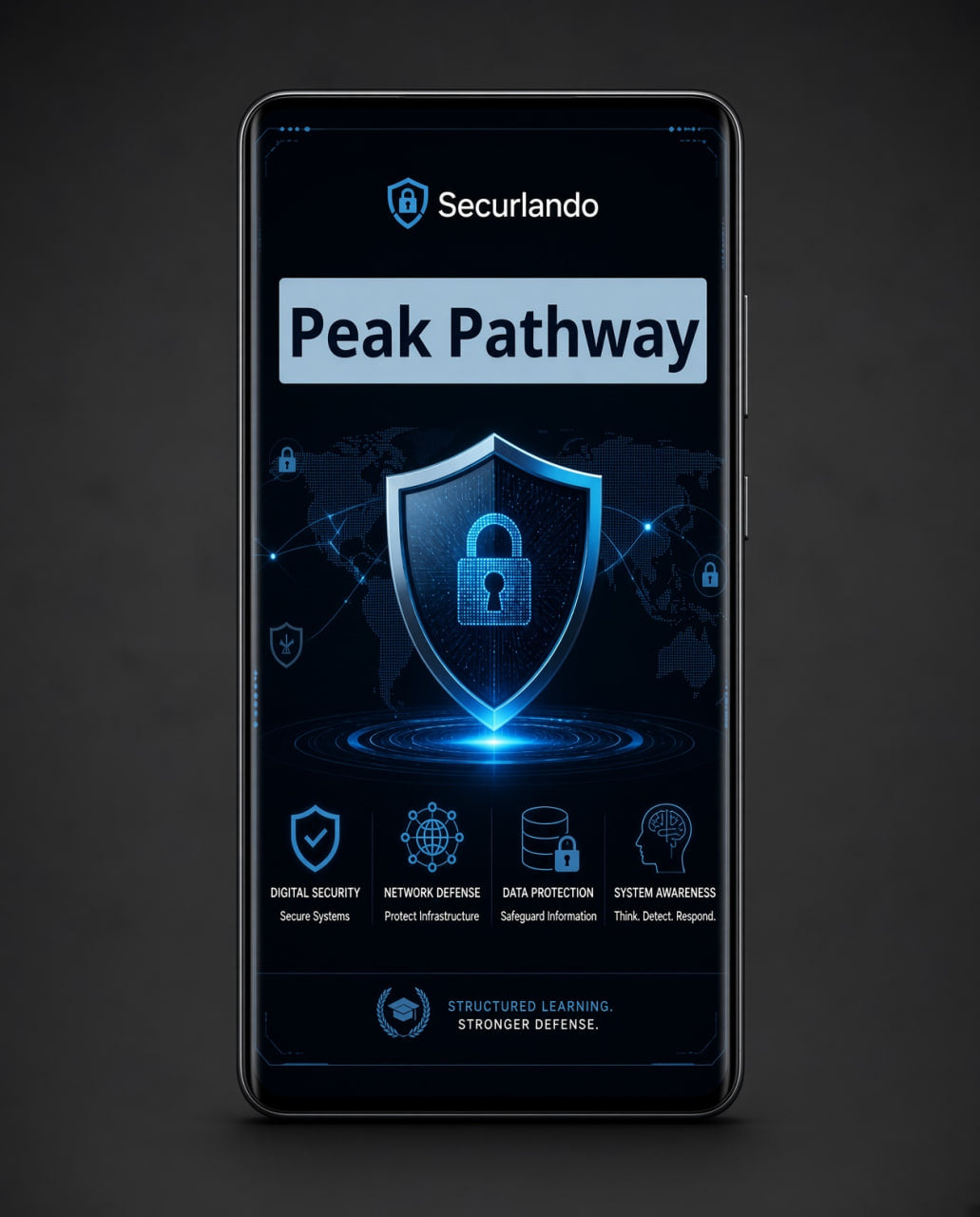 A smartphone centered on a dark background, displaying a digital security app interface with the Seculando logo and the text 'Peak Pathway' over a blue shield graphic.