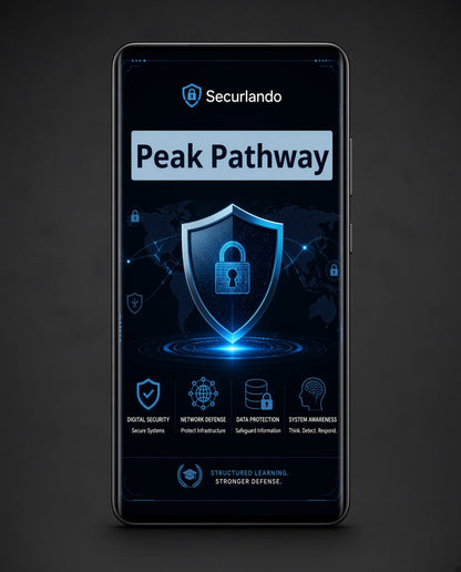 A smartphone centered on a dark background, displaying a digital security app interface with the Seculando logo and the text 'Peak Pathway' over a blue shield graphic.