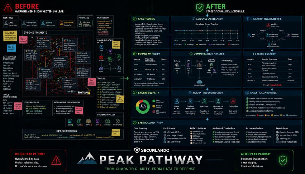 A detailed infographic poster titled 'Peak Pathway' by Securlando, comparing a 'Before' state of overwhelmed documentation and unclear evidence with an 'After' state of structured, actionable insights. The poster features a dark background with multiple colored boxes, diagrams, and text blocks.