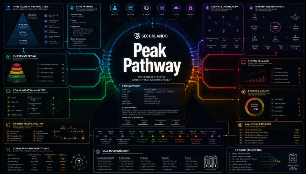 A dark futuristic infographic poster titled 'Securando Peak Pathway' with glowing neon lines and multiple circular, triangular, and rectangular panels arranged around a central hub on a black background.