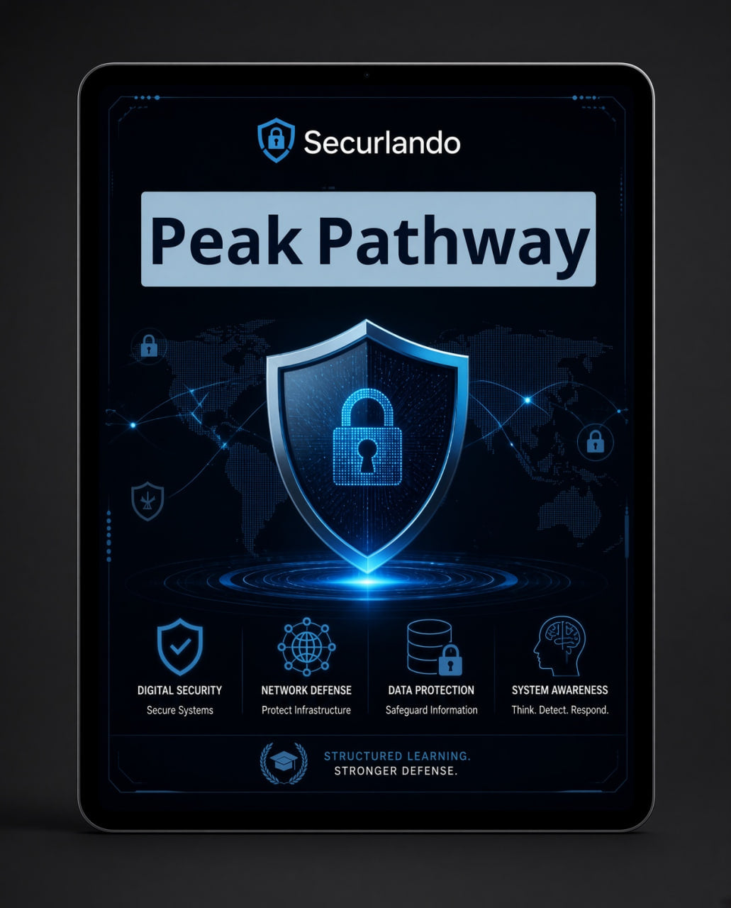 A tablet device displaying a digital security presentation titled 'Securlando Peak Pathway' with a glowing blue shield icon and cybersecurity graphics on a dark background.