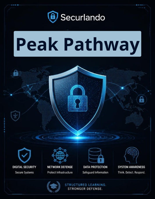 Securlando Peak Pathway digital security training graphic featuring a glowing blue digital shield with a padlock icon, set against a dark world map background with icons for digital security, network defense, data protection, and system awareness.
