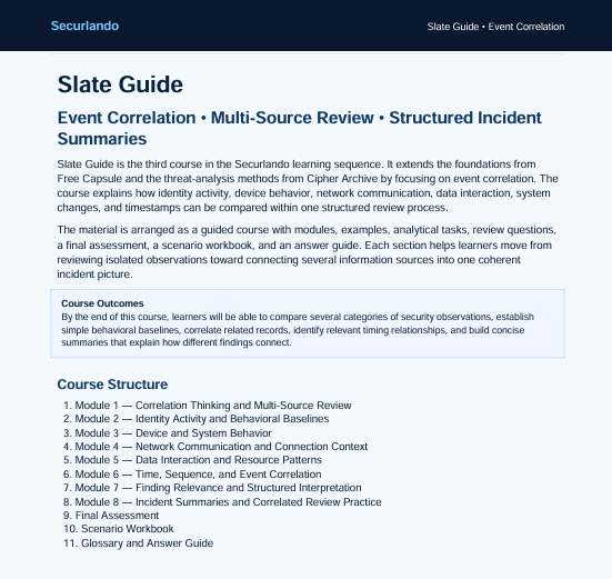 A digital document cover page for the 'Slate Guide: Event Correlation • Multi-Source Review • Structured Incident Summaries' by Securando, featuring a clean white background with black and blue text.