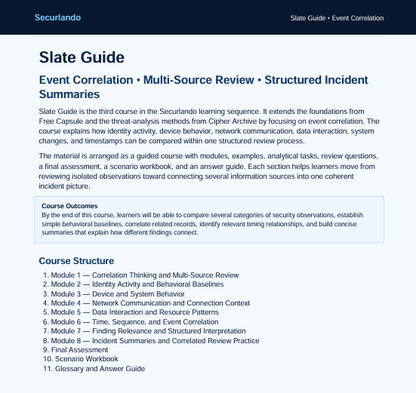 A digital document cover page for the 'Slate Guide: Event Correlation • Multi-Source Review • Structured Incident Summaries' by Securando, featuring a clean white background with black and blue text.