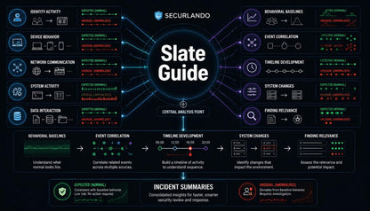 A dark-themed digital infographic titled 'Slate Guide' with the Securlando brand at the top, showing a central circular hub labeled 'Central Analysis Point' surrounded by radiating labeled sections such as identity activity, device behavior, network communication, system activity, data interaction, behavioral baselines, event correlation, timeline development, system changes, and finding relevance. The layout uses blue, red, green, and orange accents on a black background.