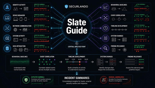 A dark-themed digital infographic titled 'Slate Guide' with the Securlando brand at the top, showing a central circular hub labeled 'Central Analysis Point' surrounded by radiating labeled sections such as identity activity, device behavior, network communication, system activity, data interaction, behavioral baselines, event correlation, timeline development, system changes, and finding relevance. The layout uses blue, red, green, and orange accents on a black background.