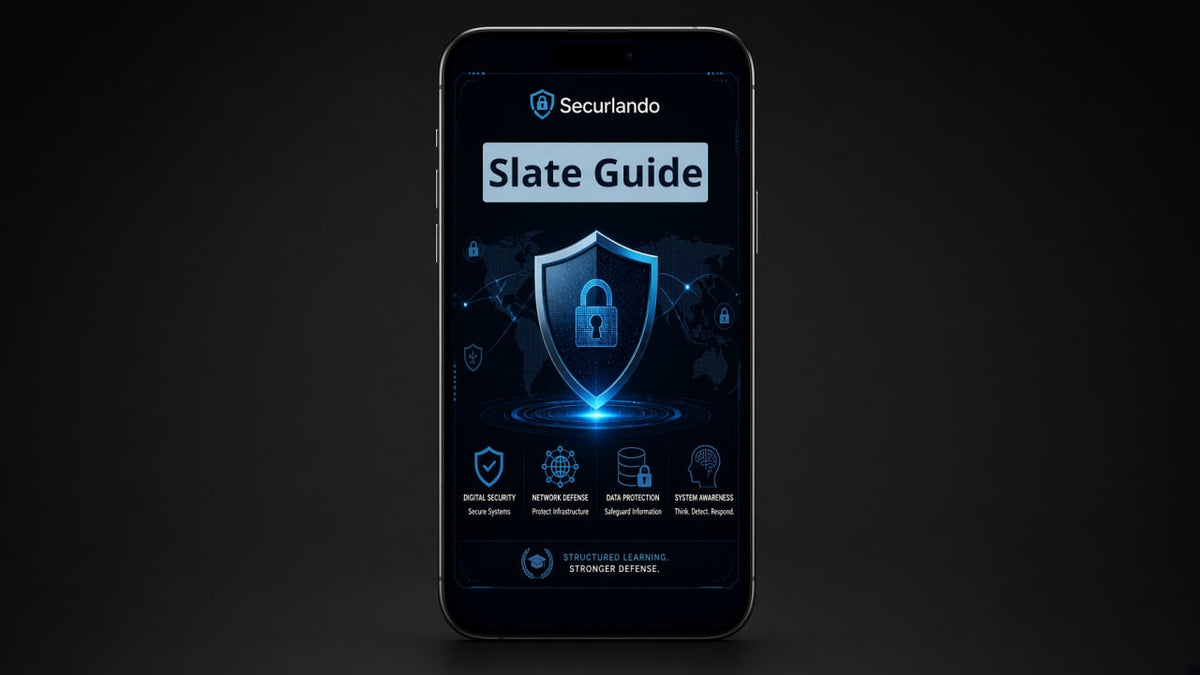 A smartphone centered on a dark studio background, displaying the Securlando app screen with the title 'Slate Guide' and blue security-themed graphics.