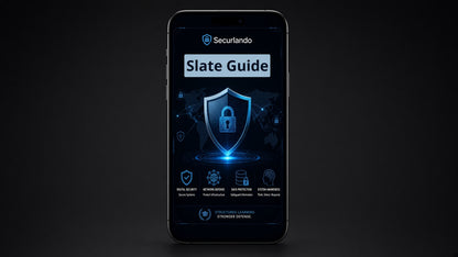 A smartphone centered on a dark studio background, displaying the Securlando app screen with the title 'Slate Guide' and blue security-themed graphics.