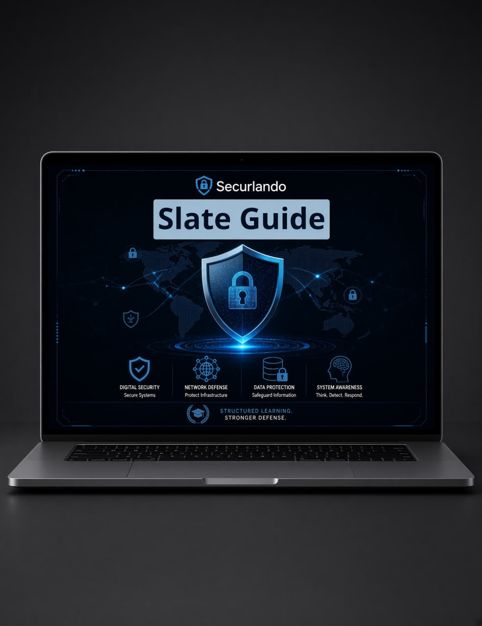 A silver laptop on a dark surface displaying a digital guide titled 'Securlando Slate Guide' with blue security-themed graphics on the screen.