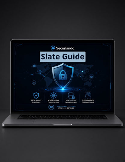 A silver laptop on a dark surface displaying a digital guide titled 'Securlando Slate Guide' with blue security-themed graphics on the screen.