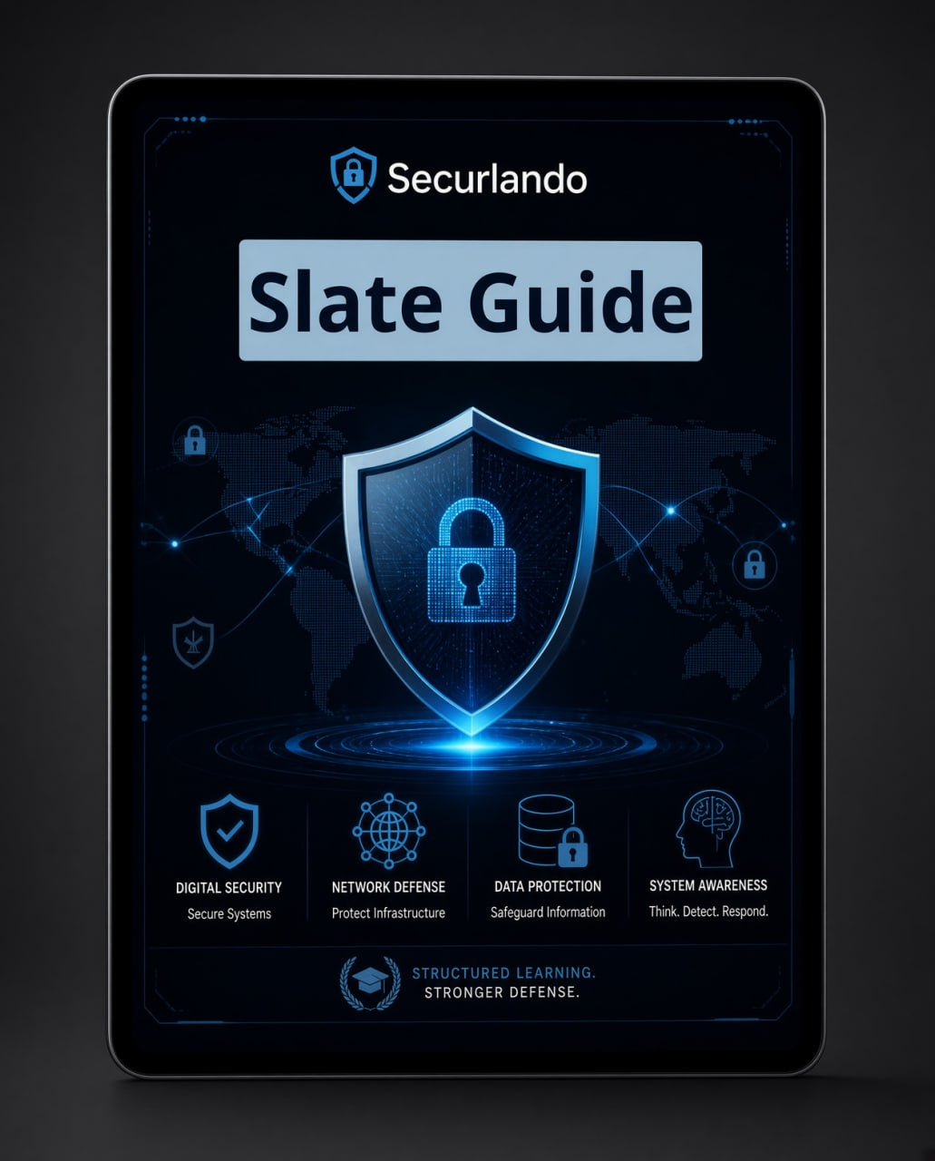 A tablet device displaying a digital cover titled 'Seculando Slate Guide' with a large glowing padlock icon and cybersecurity-themed graphics on a dark background.