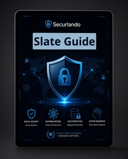 A tablet device displaying a digital cover titled 'Seculando Slate Guide' with a large glowing padlock icon and cybersecurity-themed graphics on a dark background.