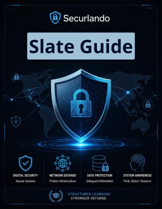A digital cover graphic for 'Securlando Slate Guide' featuring a glowing blue digital shield with a padlock icon in the center, set against a dark blue world map background with icons representing digital security, network defense, data protection, and system awareness.