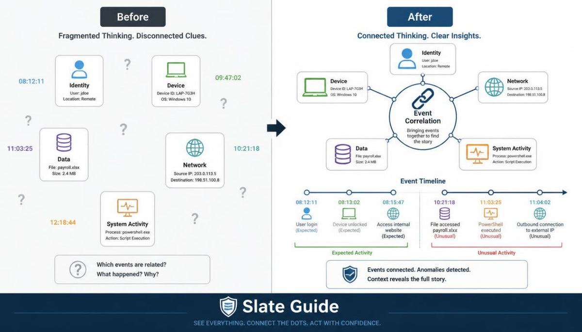 A comparison infographic titled 'Before' and 'After' showing a digital event correlation dashboard interface. The left 'Before' side displays fragmented, disconnected clues with timestamps and labels like 'Identity', 'Device', 'Data', and 'Network' with question marks.