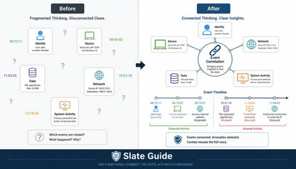 A comparison infographic titled 'Before' and 'After' showing a digital event correlation dashboard interface. The left 'Before' side displays fragmented, disconnected clues with timestamps and labels like 'Identity', 'Device', 'Data', and 'Network' with question marks.