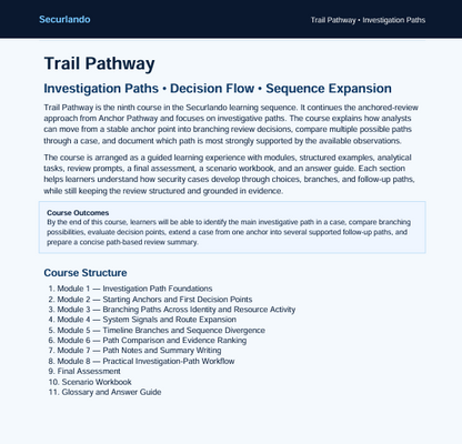A digital document page titled 'Trail Pathway' from Securando, outlining course information for 'Investigations Paths' including a decision flow, sequence expansion, course outcomes, and course structure with a numbered list.