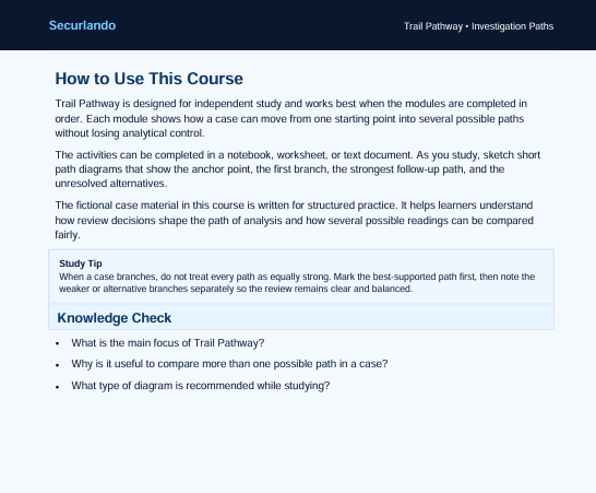 A digital screenshot of an educational course page titled 'Trail Pathway - Investigation Paths' showing instructions on how to use the course, with text sections, a study tip, and a knowledge check on a white background with a dark blue header.