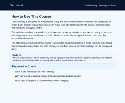 A digital screenshot of an educational course page titled 'Trail Pathway - Investigation Paths' showing instructions on how to use the course, with text sections, a study tip, and a knowledge check on a white background with a dark blue header.