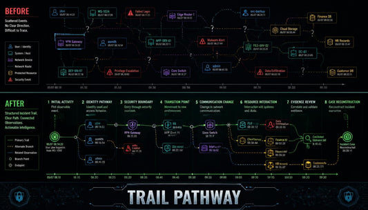 A digital infographic diagram titled 'TRAIL PATHWAY' on a dark background, showing a before-and-after comparison with multiple colored nodes, arrows, and labels related to trail management and safety.