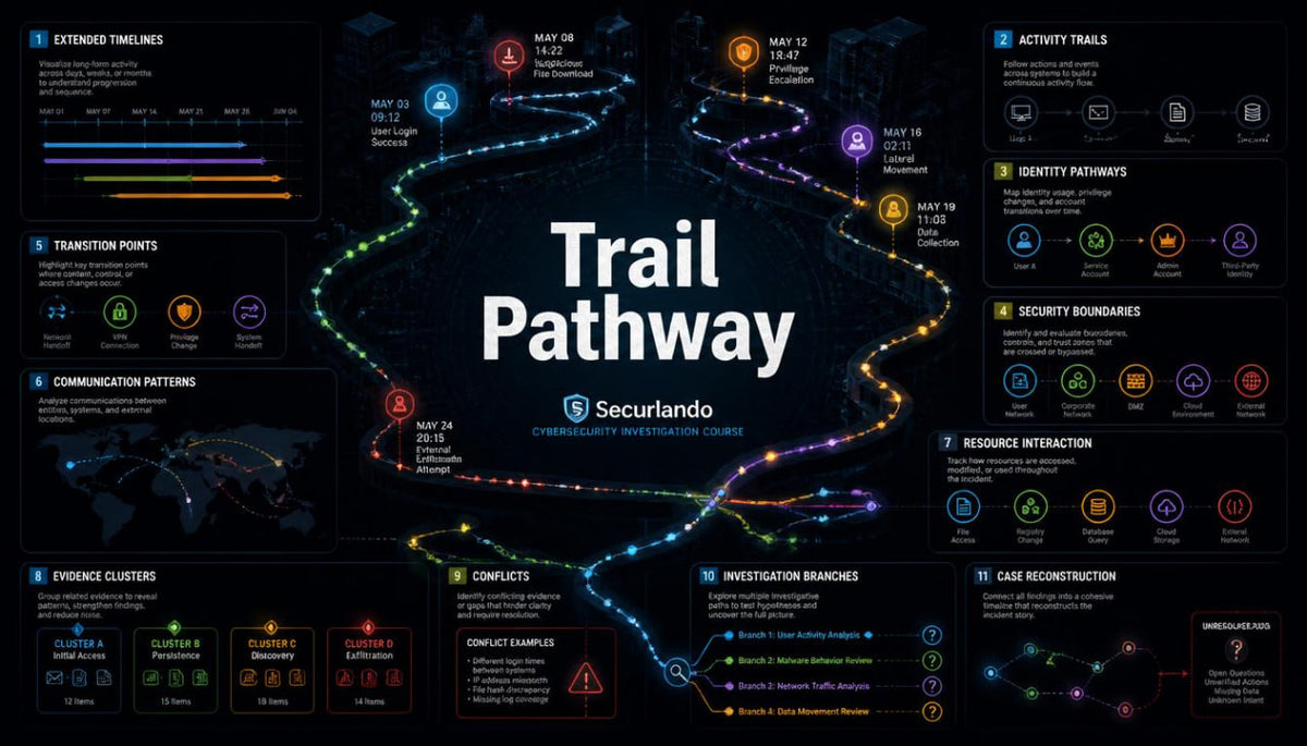 A dark-themed infographic titled 'Trail Pathway' with the Securlando logo, showing a central glowing trail map surrounded by labeled sections such as extended timelines, transition points, identity pathways, security boundaries, and investigation branches.