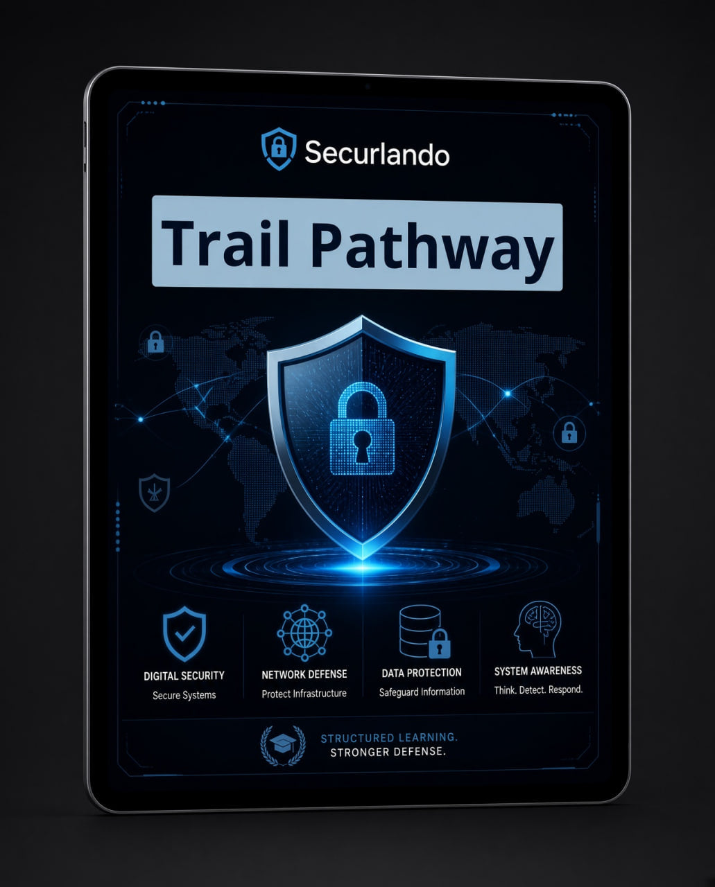 A tablet device displaying a digital security dashboard titled 'Trail Pathway' under the Securlando brand, with a glowing blue shield icon and security-themed graphics on a dark background.