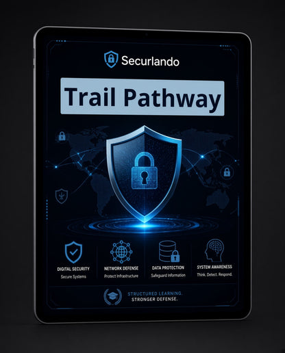 A tablet device displaying a digital security dashboard titled 'Trail Pathway' under the Securlando brand, with a glowing blue shield icon and security-themed graphics on a dark background.