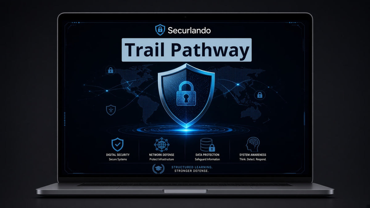 A silver laptop on a dark background displaying a digital security-themed presentation titled 'Securlando Trail Pathway' with a large blue shield and lock icon on screen.