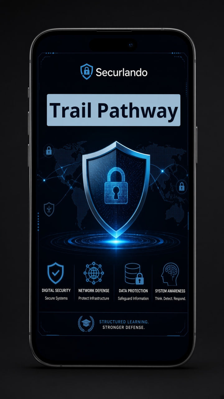 A smartphone displaying a digital security app interface named Securlando Trail Pathway, featuring a glowing blue digital shield icon on a dark screen against a black background.